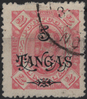 1446.jpg -     Lote:    1446            Macau       Descrição:         1902 &mdash; D. Carlos I, tipo Diogo Neto, com sobretaxa. Mf180, 5Tgs s/ 2Tgs rosa, denteado 12 Ÿ. Exemplar usado, muito raro, sem reparações, com denteado farpeado e dois dentes curtos. Valor de catálogo &euro; 260,00.         O       Valor Base:     &euro; 40,00     Valor Venda:     &euro;      