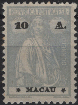 1461.jpg -     Lote:    1461            Macau       Descrição:         1913/15 &mdash; Ceres. Mf217e, 10 avos ultramar, papel liso, denteado 12x11 &frac12;, estelas III/II. Valor de catálogo &euro; 100,00.         **       Valor Base:     &euro; 25,00     Valor Venda:     &euro;      