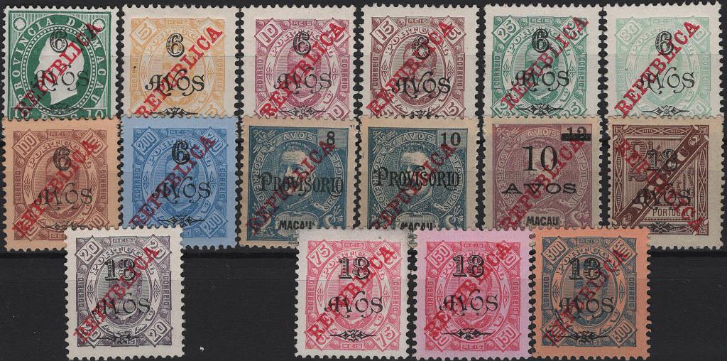 1462.jpg -     Lote:    1462            Macau       Descrição:         1915 &mdash; D. Luís I, fita direita e D. Carlos I, com sobrecarga REPUBLICA da Casa da Moeda. Mf 226/242. Série incompleta, faltando apenas Mf236, 18 avos s/ 50 reis. Exemplares novos sem goma, sem defeitos nem reparações. Valor de catálogo &euro; 265,00.         **/*       Valor Base:     &euro; 50,00     Valor Venda:     &euro;      
