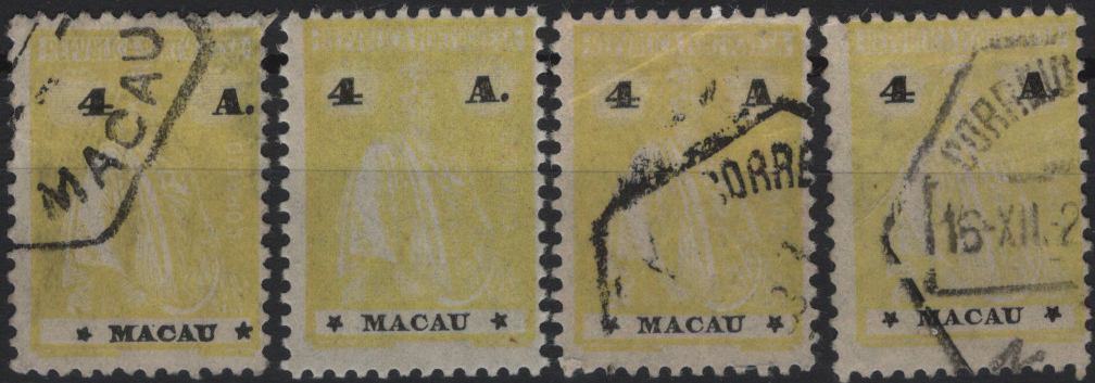 1466.jpg -     Lote:    1466            Macau       Descrição:         1924 &mdash; Ceres. Mf249, 4 avos amarelo vivo, denteado 12x11 &frac12;, papel liso. Lote com 4 selos com estrelas diferentes: III/I + II/IV em usado e novo + II/II. Valor de catálogo &euro; 103,00.         ***/O       Valor Base:     &euro; 20,00     Valor Venda:     &euro;      
