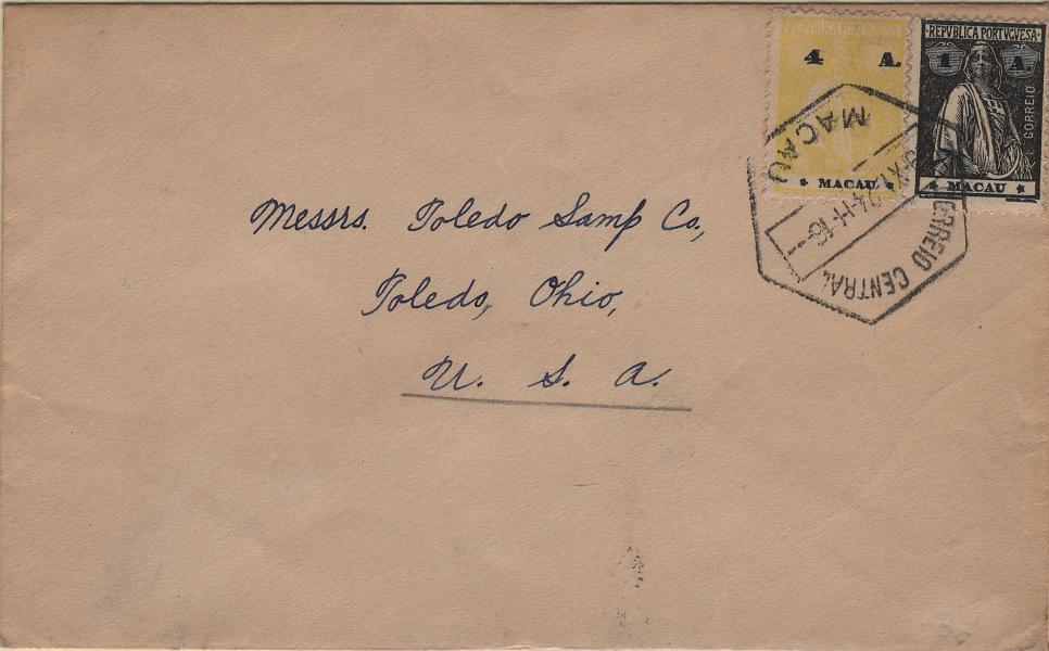 1467.jpg -     Lote:    1467            Macau       Descrição:         1914/24 &mdash; Ceres. Ceres. Novas cores e valores. Sobrescrito circulado de Macau (29.11.24) para os EUA, com trânsito por Hong Kong (30.11.24) com selo MF211, 1 avo preto, denteado 12x11 &frac12;, estrelas III/IV e MF249, 4 avos amarelo, denteado 12x11 &frac12;, estrelas III/IV.         Carta       Valor Base:     &euro; 30,00     Valor Venda:     &euro;      