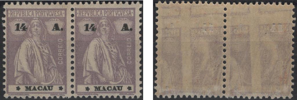 1468.jpg -     Lote:    1468            Macau       Descrição:         1924 &mdash; Ceres. Novas cores e valores. Mf251, 14c violeta, papel liso, denteado 12x11 &frac12;. Par horizontal com estrelas III/III no primeiro selo e III/IV no segundo selo. Ligeira impressão retro verso por decalque. Valor apenas dos selos &euro; 98,00.         **       Valor Base:     &euro; 20,00     Valor Venda:     &euro;      