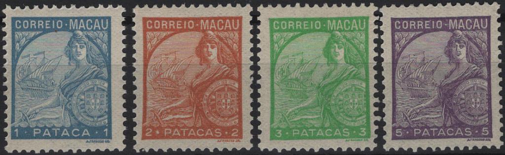 1474.jpg -     Lote:    1474            Macau       Descrição:         1934 &mdash; Padrões. Mf 285/288, 1P + 2P+ 3P + 5P. Exemplares com goma original sem sinal de charneira com exceção selo de 3P com muito leve charneira. Fecho de série. Valor de catálogo &euro; 414,00.         ***/**       Valor Base:     &euro; 80,00     Valor Venda:     &euro;      