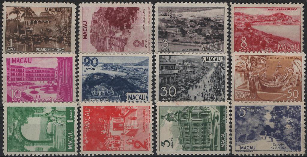 1476.jpg -     Lote:    1476            Macau       Descrição:         1948 &mdash; Motivos locais. Mf 327/338. Série completa em exemplares novos selos com goma original, alguns sem sinal de charneira e selos de 8 avos e 5P com goma não original. Lote a ver. Valor de catálogo &euro; 430.00.         **/(*)       Valor Base:     &euro; 60,00     Valor Venda:     &euro;      
