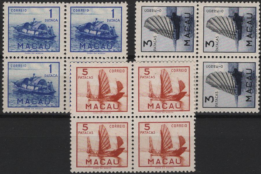 1478.jpg -     Lote:    1478            Macau       Descrição:         1951 &mdash; Embarcações Típicas de Macau. MF 363/365. Série completa em quadras. Exemplares novos com goma original sem sinal de charneira, sem reparações e com parte da goma baça. Valor de catálogo &euro; 1.600,00.         ***       Valor Base:     &euro; 300,00     Valor Venda:     &euro;      