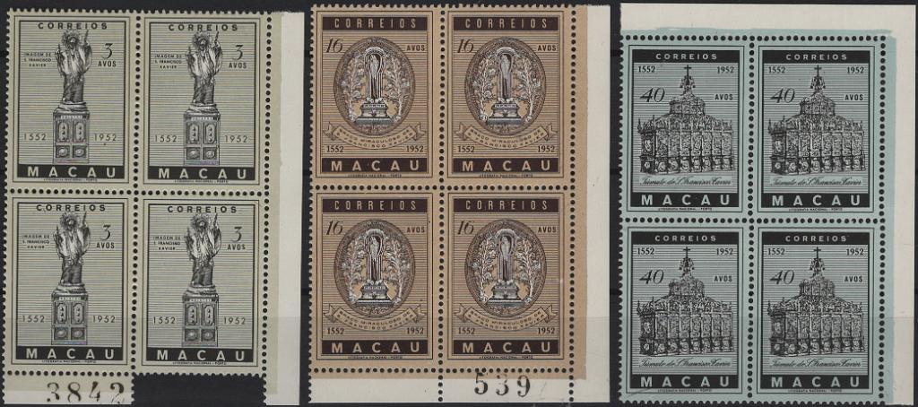 1479.jpg -     Lote:    1479            Macau       Descrição:         1952 &mdash; 4.º Centenário da Morte de S. Francisco Xavier. Mf 368/370. Série completa em quadras.  Nesta qualidade é muito rara. Valor de catálogo &euro; 120,00+++.         ***       Valor Base:     &euro; 25,00     Valor Venda:     &euro;      