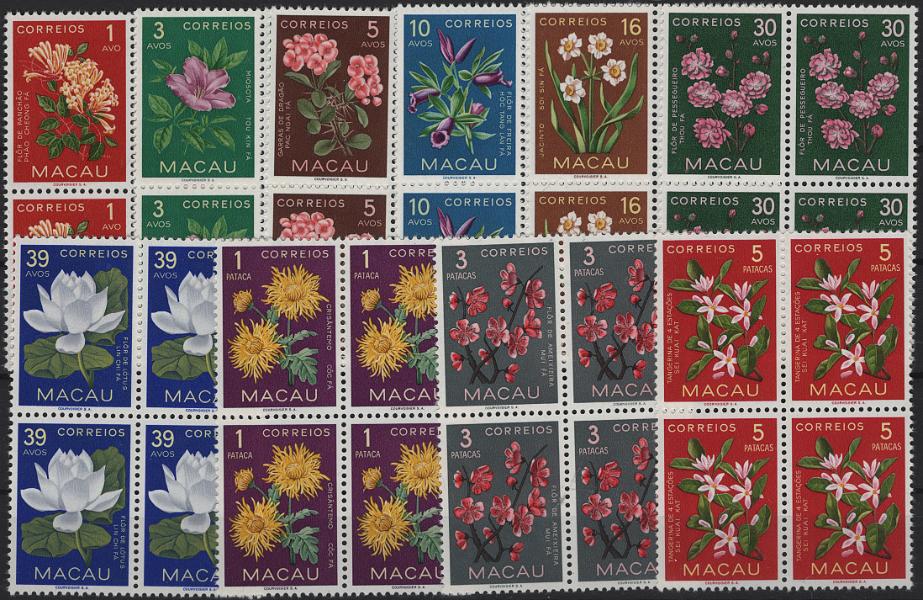1480.jpg -     Lote:    1480            Macau       Descrição:         1953 &mdash; Flores de Macau. MF 374/383. Série completa em quadras. Exemplares com goma original, sem sinal de charneira, sem defeitos nem reparações. Valor de catálogo &euro; 320,00.         ***       Valor Base:     &euro; 60,00     Valor Venda:     &euro;      