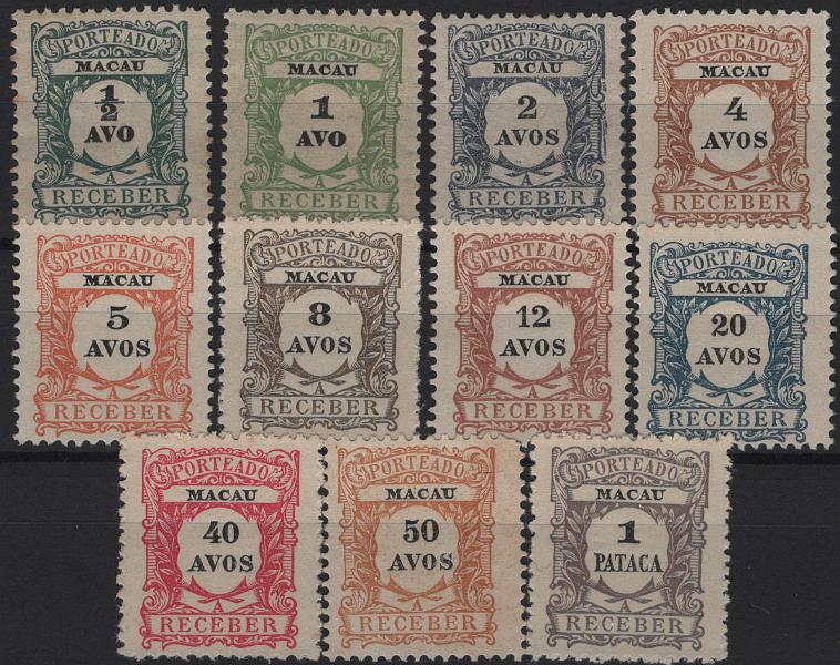 1481.jpg -     Lote:    1481            Macau       Descrição:         1904 &mdash; Porteado. Emissão regular. Mf POR 1/11. Série completa em estado de novo, sem reparações nem defeitos com exceção do selo de &frac12; avo com vestígios de óxido. Valor de catálogo &euro; 170,00.         **/*       Valor Base:     &euro; 35,00     Valor Venda:     &euro;      