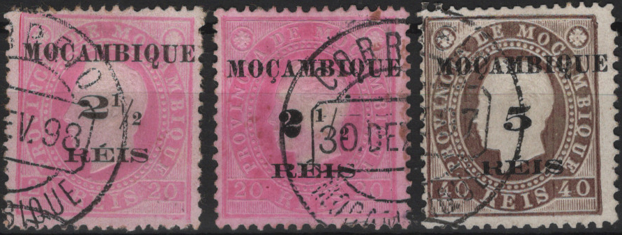 1521.jpg -     Lote:    1521            Moçambique       Descrição:         1897 &mdash; D. Luís I, fita direita, com sobretaxa, tipografada localmente a preto. Mf 51/52. Série completa em estado de usado, incluindo os dois tipos de sobretaxa do selo Mf51, sem defeitos nem reparações. Valor de catálogo &euro; 220,00.         O       Valor Base:     &euro; 45,00     Valor Venda:     &euro;      
