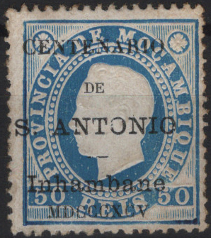 1546.jpg -     Lote:    1546            Inhambane       Descrição:         1895 &mdash; D. Luís I, fita direita. Selos de Moçambique com a sobrecarga "CENTENÁRIO DE S. ANTÓNIO". Mf6a, 50 reis azul, denteado 13 &frac12;. Exemplar novo sem goma, como emitido, sem defeitos nem reparações. Valor de catálogo &euro; 310,00.         *       Valor Base:     &euro; 60,00     Valor Venda:     &euro;      