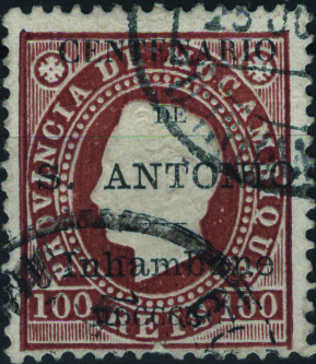 1547.jpg -     Lote:    1547            Inhambane       Descrição:         1895 &mdash; D. Luís I, fita direita. Selos de Moçambique com sobrecarga do "Centenário de S. António. MF 7, 100 azul violeta. Valor de catálogo &euro; 315.00.         O       Valor Base:     &euro; 50,00     Valor Venda:     &euro;      