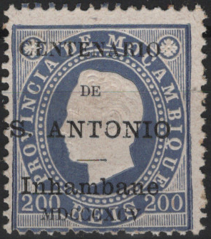 1548.jpg -     Lote:    1548            Inhambane       Descrição:         1895 &mdash; D. Luís I, fita direita. Selos de Moçambique com sobrecarga do "Centenário de S. António. MF 8, 200 azul violeta. Exemplar sem goma com emitido. Valor de catálogo &euro; 175.00.         *       Valor Base:     &euro; 30,00     Valor Venda:     &euro;      