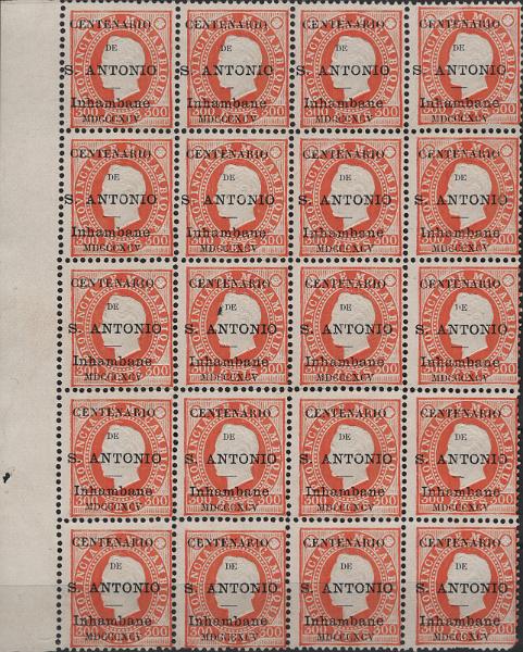 1552.jpg -     Lote:    1552            Inhambane       Descrição:         1895 &mdash; D. Luís I, fita direita. Selos de Moçambique com sobrecarga "CENTENÁRIO DE S. ANTÓNIO". Mf9, 300 reis laranja. Bloco com 20 selos sem goma como emitidos, três deles com defeito. Segundo, décimo e décimo primeiro selo com "traço partido" e décimo sexto selo com "traço curto". V. C. &euro; 3.500,00.         *       Valor Base:     &euro; 300,00     Valor Venda:     &euro;      