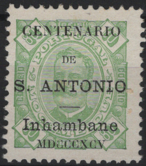 1554.jpg -     Lote:    1554            Inhambane       Descrição:         1895 &mdash; D. Carlos I. Selos de Moçambique com sobrecarga do "Centenário de S. António. MF12, 80 reis verde claro. Exemplar sem goma como emitido. Valor de catálogo &euro; 140.00.         *       Valor Base:     &euro; 25,00     Valor Venda:     &euro;      