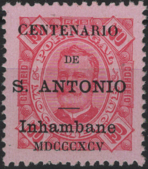 1556.jpg -     Lote:    1556            Inhambane       Descrição:         1895 &mdash; D. Carlos I. Selos de Moçambique com sobrecarga do "Centenário de S. António. MF14, 150 reis carmim s/ rosa. Exemplar sem goma como emitido. Valor de catálogo &euro; 205.00.         *       Valor Base:     &euro; 35,00     Valor Venda:     &euro;      