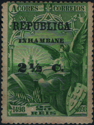 1561.jpg -     Lote:    1561            Inhambane       Descrição:         1913 &mdash; 4.º Centenário da Descoberta do Caminho Marítimo para a Índia, sobrecarga e sobretaxa sobre selos dos Açores. Mf50a, 2 &frac12; c s/ 25 reis verde amarelo. Exemplar com goma original e charneira, sem defeitos nem reparações, sobre selos dos Açores em vez de selos de África. B e R. Valor de catálogo &euro; 170.00.         **       Valor Base:     &euro; 50,00     Valor Venda:     &euro;      
