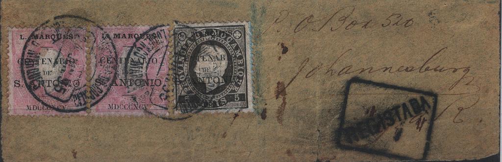 1563.jpg -     Lote:    1563            Lourenço Marques       Descrição:         1895 &mdash; D. Luís I, fita direita. Selos de Moçambique com sobrecarga "CENTENÁRIO DE S. ANTONIO". Fragmento de sobrescrito circulado registado de Lourenço Marques (24.06.95), para Johannesbourg, com selo de 5 reis preto, MF14 e dois selos 20 reis rosa, MF16.         FRG       Valor Base:     &euro; 50,00     Valor Venda:     &euro;      