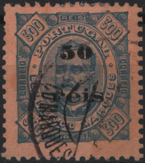 1573.jpg -     Lote:    1573            Lourenço Marques       Descrição:         1896 &mdash; D. Carlos I Diogo Neto, com sobretaxa. Mf31, 50 s/ 300 reis azul s/ laranja. Exemplar usado, sem defeitos nem reparações. Certificado de peritagem de J. Miranda da Mota. Valor de catálogo &euro; 280,00.         O       Valor Base:     &euro; 50,00     Valor Venda:     &euro;      