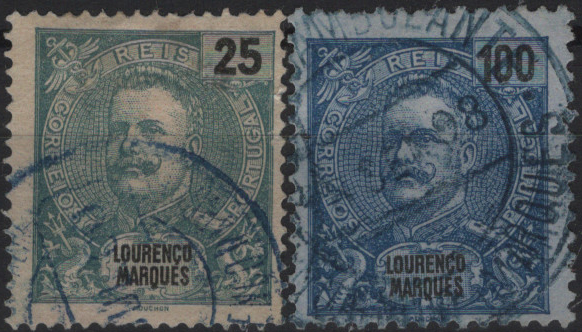 1575.jpg -     Lote:    1575            Lourenço Marques       Descrição:         1898/1901 &mdash; D. Carlos I Mouchon. Lote com dois selos em denteado 13 &frac12;: MF37c, 25 reis verde-azul + MF41a, 100 reis azul s/ azul. Exemplares sem defeitos nem reparações. Valor de catálogo &euro; 90,00.         O       Valor Base:     &euro; 25,00     Valor Venda:     &euro;      