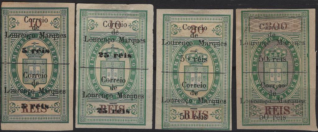 1577.jpg -     Lote:    1577            Lourenço Marques       Descrição:         1899 &mdash; Selos fiscais de Moçambique com sobretaxa. Mf 47/50. Série completa em selos completos, sem goma como geralmente emitidos. Valor de catálogo &euro; 112,00.         *       Valor Base:     &euro; 22,00     Valor Venda:     &euro;      