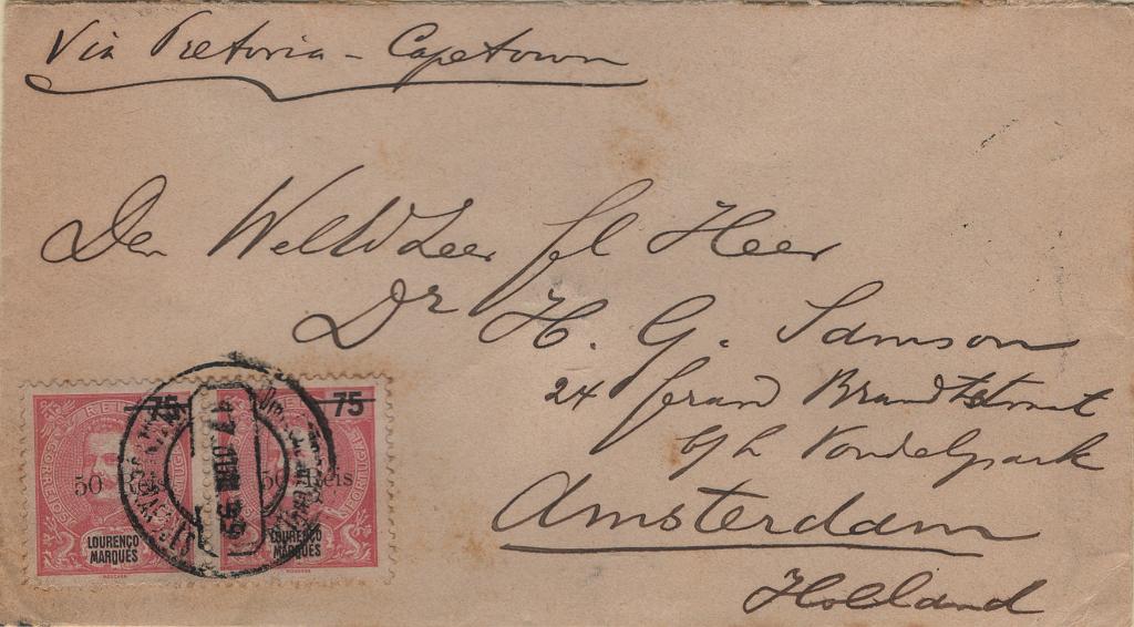 1579.jpg -     Lote:    1579            Lourenço Marques       Descrição:         1899 &mdash; D. Carlos I Mouchon, com sobretaxa. Mf51, 50 reis s/ 75 reis carmim. Par horizontal em sobrescrito circulado de Lourenço Marques (17.06.99) para a Holanda (10.07.99). Exemplar sem defeitos nem reparações. B e R.         Carta       Valor Base:     &euro; 75,00     Valor Venda:     &euro;      