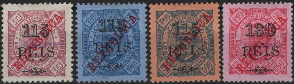 1588.jpg -     Lote:    1588            Lourenço Marques       Descrição:         1915 &mdash; D. Carlos I, tipo Diogo Neto, com sobretaxa e sobrecarga REPUBLICA da Casa da Moeda. Mf 139/142. Série completa, com goma original e charneira, sem defeitos nem reparações, com a sobrecarga horizontal batida a violeta "SPECIMEN". MB e MR.         **       Valor Base:     &euro; 50,00     Valor Venda:     &euro;      