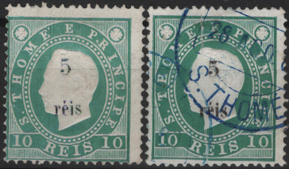 1633.jpg -     Lote:    1633            S. Tomé e Príncipe       Descrição:         1889/91 &mdash; D. Luís I, fita direita, com sobretaxa. Mf24, 5 reis s/ 10 reis verde, denteado 13 &frac12;, papel porcelana. Lote com dois selos: um em estado novo, sem goma como emitido e outro em estado de usado. Valor de catálogo &euro; 175,00.         */O       Valor Base:     &euro; 35,00     Valor Venda:     &euro;      