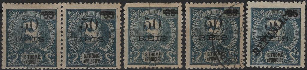 1647.jpg -     Lote:    1647            S. Tomé e Príncipe       Descrição:         1905/13 &mdash; D. Carlos I Mouchon, com sobretaxa + D. Carlos I. selos de 1905 com sobrecarga REPUBLICA zincogravada localmente. Lote com um par e dois selos isolados novos + um selo isolado usado: Mf95, 50 s/ 65 em par incluindo um selo tipo I + selo com tipo III, com canto curto + selo usado com tipo I + Mf174b tipo II. Valor de catálogo &euro; 140,00.         **/*/O       Valor Base:     &euro; 30,00     Valor Venda:     &euro;      