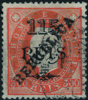 1649.jpg -     Lote:    1649            S. Tomé e Príncipe       Descrição:         1913 &mdash; D. Luís I, fita direita. Selos de 1902 com sobrecarga REPUBLICA zincogravada localmente. Mf155, 115 s/ 300 reis laranja. Exemplar usado sem defeitos nem reparações. Valor de catálogo &euro; 270,00.         O       Valor Base:     &euro; 50,00     Valor Venda:     &euro;      