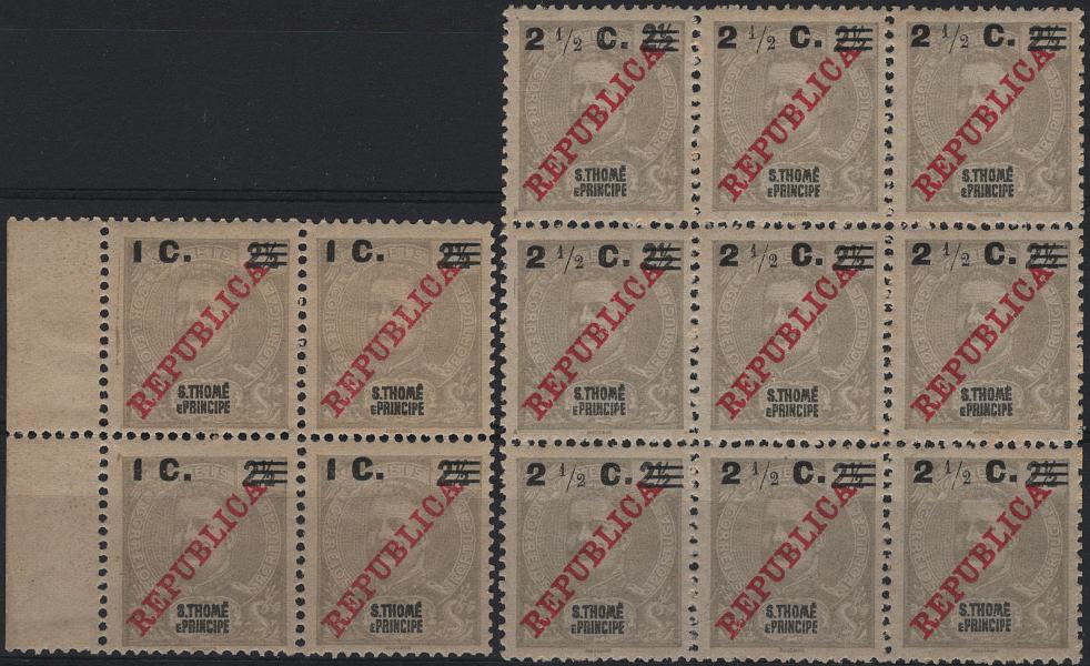 1653.jpg -     Lote:    1653            S. Tomé e Príncipe       Descrição:         1919 &mdash; D. Carlos I Mouchon, com sobrecarga REPUBLICA da Casa da Moeda e sobretaxa. Lote composto por quadra de 1c s/ 2 &frac12; reis, Mf228, com o 4.º selo incluindo "O" aberto por "C" + bloco com 8 selos de 2 &frac12; c s/ 2 &frac12; reis, Mf230, incluindo no 5.º selo a variedade "O" aberto por "C", no 7.º selo "traço" de fração curto e no 9.º selo "traço" de fração partido. Estas duas variedades não catalogadas.         *       Valor Base:     &euro; 35,00     Valor Venda:     &euro;      