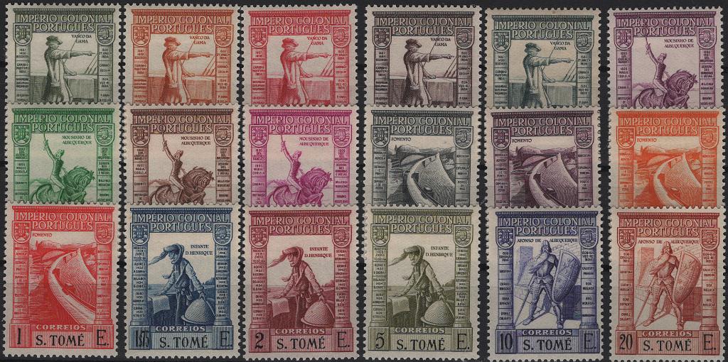 1654.jpg -     Lote:    1654            S. Tomé e Príncipe       Descrição:         1938 &mdash; Império Colonial Português. Legenda "S. TOMÉ". Mf 298/315. Série completa com goma original e charneira, sem defeitos nem reparações. Valor de catálogo &euro; 200,00.         **       Valor Base:     &euro; 40,00     Valor Venda:     &euro;      