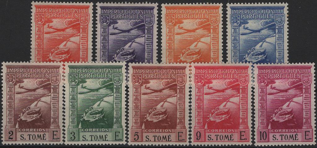 1660.jpg -     Lote:    1660            S. Tomé e Príncipe       Descrição:         1938 &mdash; Correio Aéreo. Império Colonial Português. Legenda "S. TOMÉ". Mf CA 1/9. Série completa com goma original e charneira, sem defeitos nem reparações. Valor de catálogo &euro; 360,00.         **       Valor Base:     &euro; 70,00     Valor Venda:     &euro;      