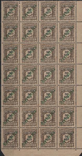 1663.jpg -     Lote:    1663            S. Tomé e Príncipe       Descrição:         1920 &mdash; Porteado. Emissão regular de 1904, com sobrecarga REPUBLICA tipografada localmente a verde. MF POR41, 50 reis castanho. Folha completa com 28 selos, boa cor, sem reparações, com goma espelhada, com apenas dois selos com charneira e restantes sem charneira. Valor de catálogo &euro; 2.100,00.         ***/**       Valor Base:     &euro; 250,00     Valor Venda:     &euro;      