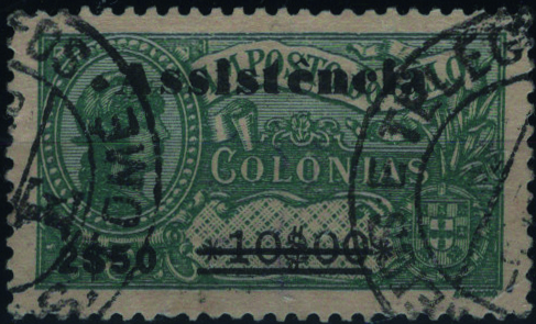 1665.jpg -     Lote:    1665            S. Tomé e Príncipe       Descrição:         1946 &mdash; Imposto Postal. ASSISTÊNCIA. Selos fiscais de África, com sobretaxa. Mf IP16, 2$50 s/ 5$00, denteado 12x11 &frac12;, com sobretaxa tipo II com "ê" em vez de "e". Exemplar usado obliterado com carimbo circular datado dos Correios. Valor de catálogo &euro; 70.00.         *       Valor Base:     &euro; 16,00     Valor Venda:     &euro;      