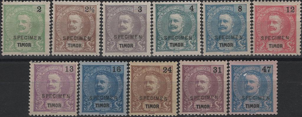 1673.jpg -     Lote:    1673            Timor       Descrição:         1898/1900 &mdash; D. Carlos I Mouchon. Mf 60/64, 66/68, 70/72. Série incompleta faltando selos de &frac12; avo, 1 avo, 10 avos, 20 avos e 78 avos. Selos Mf 60/64 sem goma e restantes com goma original e charneira, com sobrecarga horizontal SPECIMEN. Selos originais distribuídos com as reimpressões de 1905.         **/*       Valor Base:     &euro; 200,00     Valor Venda:     &euro;      