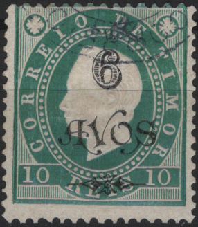 1675.jpg -     Lote:    1675            Timor       Descrição:         1902 &mdash; D. Luís I. Fita direita, com sobretaxa. MF78, 6 avos s/ 10 reis verde, denteado 12 &frac12;, papel porcelana. Exemplar raro, com boa cor, sem defeitos nem reparações, descentrado. Valor de catálogo &euro; 300,00.         O       Valor Base:     &euro; 50,00     Valor Venda:     &euro;      