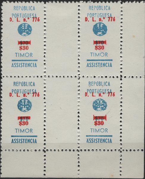 1702.jpg -     Lote:    1702            Timor       Descrição:         1968 &mdash; Imposto postal. ASSISTÊNCIA, com sobrecarga e sobretaxa. Mf IP15, $30 s/ $70 azul. Quadra em papel espesso, nova, sem goma como emitidos. Valor de catálogo &euro; 200,00.         *       Valor Base:     &euro; 40,00     Valor Venda:     &euro;      
