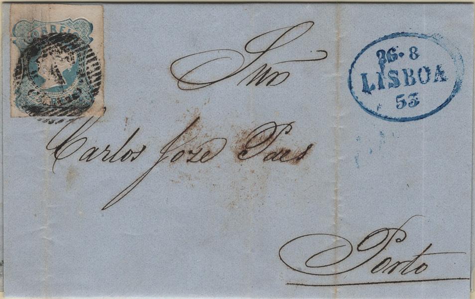 1708.jpg -     Lote:    1708            Portugal       Descrição:         Carimbo numéricos da 1.ª reforma * 1853 &mdash; D. Maria II. Mf2, 25 reis azul leitoso, tipo I, com margens normais a luxo em carta circulada de Lisboa (26.08.53) para o Porto (27.08.53) obliterado com carimbo batido a preto "1 &mdash; LISBOA", tipo 5.10.5 e carimbo datado oval "26 &mdash; 8 / LISBOA / 53" a azul.         Carta       Valor Base:     &euro; 35,00     Valor Venda:     &euro;      