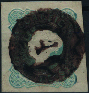 1710.jpg -     Lote:    1710            Portugal       Descrição:         Carimbo numéricos da 1.ª reforma * 1853 &mdash; D. Maria II. Mf2, 25 reis tipo I azul claro, com margens largas, obliterado com carimbo numérico batido a sépia "4 &mdash; ALCOENTRE", tipo 20 barras.         O       Valor Base:     &euro; 15,00     Valor Venda:     &euro;      