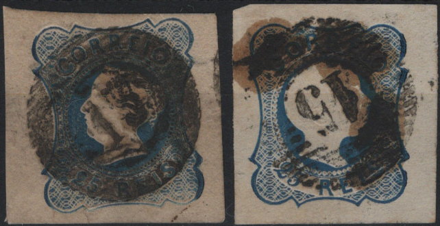 1712.jpg -     Lote:    1712            Portugal       Descrição:         Carimbo numéricos da 1.ª reforma * 1853/58 &mdash; D. Maria II, 25 reis azul tipo II, Mf2 + D. Pedro V, cabelos anelados, 25 reis azul, Mf12, obliterados com carimbo numéricos batidos a preto "13 &mdash; AZEITÃO" e "15 &mdash; BATALHA", tipos 20 barras.         O       Valor Base:     &euro; 15,00     Valor Venda:     &euro;      