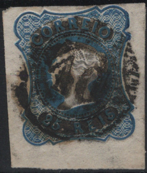 1715.jpg -     Lote:    1715            Portugal       Descrição:         Carimbo numéricos da 1.ª reforma * 1853 &mdash; D. Maria II. Mf2, 25 reis azul, tipo II, com três margens largas e uma curta, obliterado com carimbo a preto "40 &mdash; SANTIAGO DO CACÉM", tipo 20 barras.         O       Valor Base:     &euro; 15,00     Valor Venda:     &euro;      