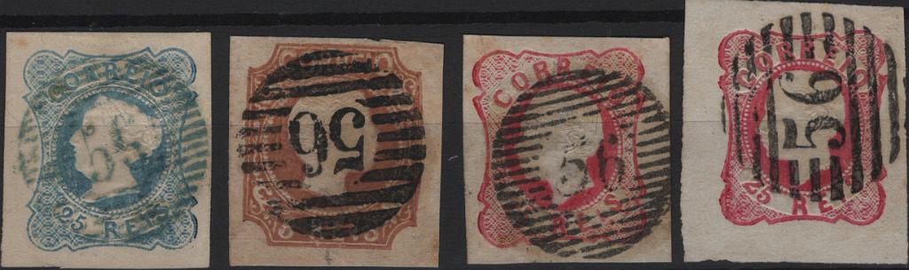1719.jpg -     Lote:    1719            Portugal       Descrição:         Carimbo numéricos da 1.ª reforma * 1853/62 &mdash; D. Maria II, 25 reis azul claro tipo I + D. Pedro V, cabelos anelados, 5 reis castanho + D. Luís I, 25 reis carmim (2). Lote com 4 selos obliterados com carimbos batidos a azul e preto "56 &mdash; BRAGA", de diversos tipos.         O       Valor Base:     &euro; 25,00     Valor Venda:     &euro;      