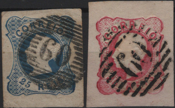 1720.jpg -     Lote:    1720            Portugal       Descrição:         Carimbo numéricos da 1.ª reforma * 1853/62 &mdash; D. Maria II, Mf2, 25 reis azul, tipo II + D. Luís I, Mf16, 25 reis carmim, obliterados com carimbos batidos a preto "60 &mdash; FEIRA", tipos 6.8.6 e 3.5.3. Selos com margens largas a luxo.         O       Valor Base:     &euro; 20,00     Valor Venda:     &euro;      