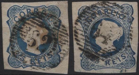 1721.jpg -     Lote:    1721            Portugal       Descrição:         Carimbo numéricos da 1.ª reforma * 1853/55 &mdash; D. Maris II, Mf2, 25 reis azul, tipo II + D. Pedro V, cabelos lisos, Mf6, 25 reis, tipo I. Selos com margens normais obliterados com carimbos batidos a preto "62 &mdash; LIXA" e "64 &mdash; MESÃO FRIO", tipo 20 barras.         O       Valor Base:     &euro; 15,00     Valor Venda:     &euro;      
