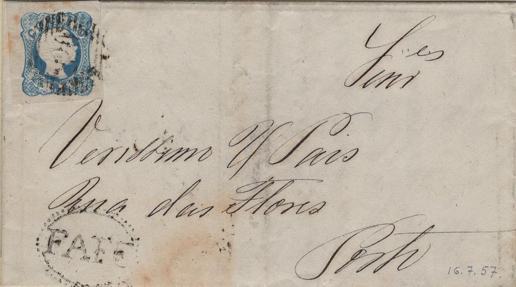 1722.jpg -     Lote:    1722            Portugal       Descrição:         Carimbos numéricos da 1.ª reforma. 1856/58 &mdash; D. Pedro V. Cabelos anelados, Mf12, 25 reis, tipo II, com margens largas em carta circulada de Fafe (16.07.56) para o Porto, com carimbos batidos a preto "220" e nominativo "FAFE".         Carta       Valor Base:     &euro; 30,00     Valor Venda:     &euro;      