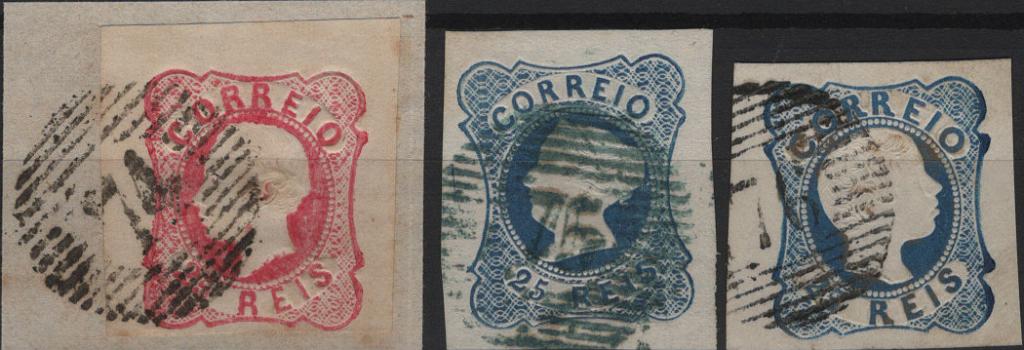 1723.jpg -     Lote:    1723            Portugal       Descrição:         Carimbo numéricos da 1.ª reforma * 1853/66 &mdash; D. Maris II, Mf2, 25 reis azul, tipo I + D. Pedro V, cabelos anelados, Mf12, 25 reis azul + D. Luís I, Mf16, 25 reis carmim, obliterados com carimbos numéricos "74 &mdash; SANTO TIRSO" a preto + "75 &mdash; VILA DO CONDE"  a verde + "76 &mdash; VILA NOVA DE FAMALICÃO". Todos do tipo 20 barras. Selos com margens largas a luxo.         O       Valor Base:     &euro; 25,00     Valor Venda:     &euro;      