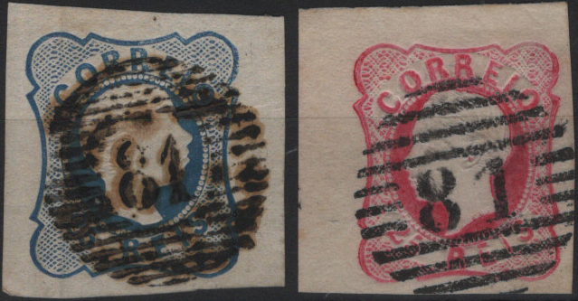 1725.jpg -     Lote:    1725            Portugal       Descrição:         Carimbo numéricos da 1.ª reforma * 1856/62 &mdash; D. Pedro V, cabelos anelados, Mf11, 25 reis azul, linhas simples + D. Luís I, Mf16, 25 reis carmim, obliterados com carimbos batidos a preto "81 &mdash; ARGANIL", tipos 6.8.6 e 4.3.4. Selos com boas margens a luxo.         O       Valor Base:     &euro; 20,00     Valor Venda:     &euro;      