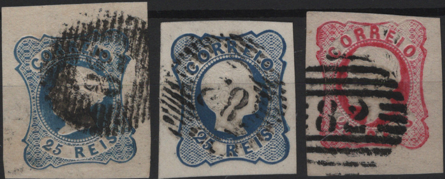 1726.jpg -     Lote:    1726            Portugal       Descrição:         Carimbo numéricos da 1.ª reforma * 1853/62 &mdash; D. Maria II, Mf2, 25 reis azul tipo II + D. Pedro V, cabelos anelados, Mf11, 25 reis azul, tipo I + D. Luís I, Mf16, 25 reis carmim, obliterados com carimbos batidos a preto "82 &mdash; AVEIRO", tipos 20 barras e 4.3.4. Selos com margens normais a luxo.         O       Valor Base:     &euro; 15,00     Valor Venda:     &euro;      