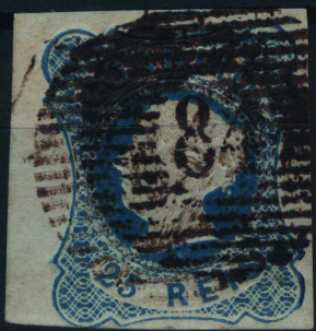 1727.jpg -     Lote:    1727            Portugal       Descrição:         Carimbos numéricos da 1.ª reforma 1853 &mdash; D. Maria II. Mf2, 25 reis azul escuro, tipo I. Exemplar com margens largas a curtas, obliterado com carimbo batido a preto "84 &mdash; CÊA" tipo 6.8.6.         O       Valor Base:     &euro; 25,00     Valor Venda:     &euro;      