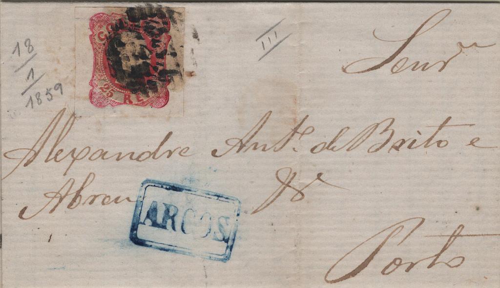 1729.jpg -     Lote:    1729            Portugal       Descrição:         Carimbo numéricos da 1.ª reforma * 1856/58 &mdash; D. Pedro V. Cabelos anelados. MF13, 25 reis carmim rosa, com margens de luxo em carta remetida de Arcos de Valdevez (18.01.59) para o Porto (20.01.59) obliterado com carimbo a preto "222 &mdash; ARCOS DE VALDEVEZ" tipo 4.3.4 e nominativo batido a azul "ARCOS".         Carta       Valor Base:     &euro; 20,00     Valor Venda:     &euro;      